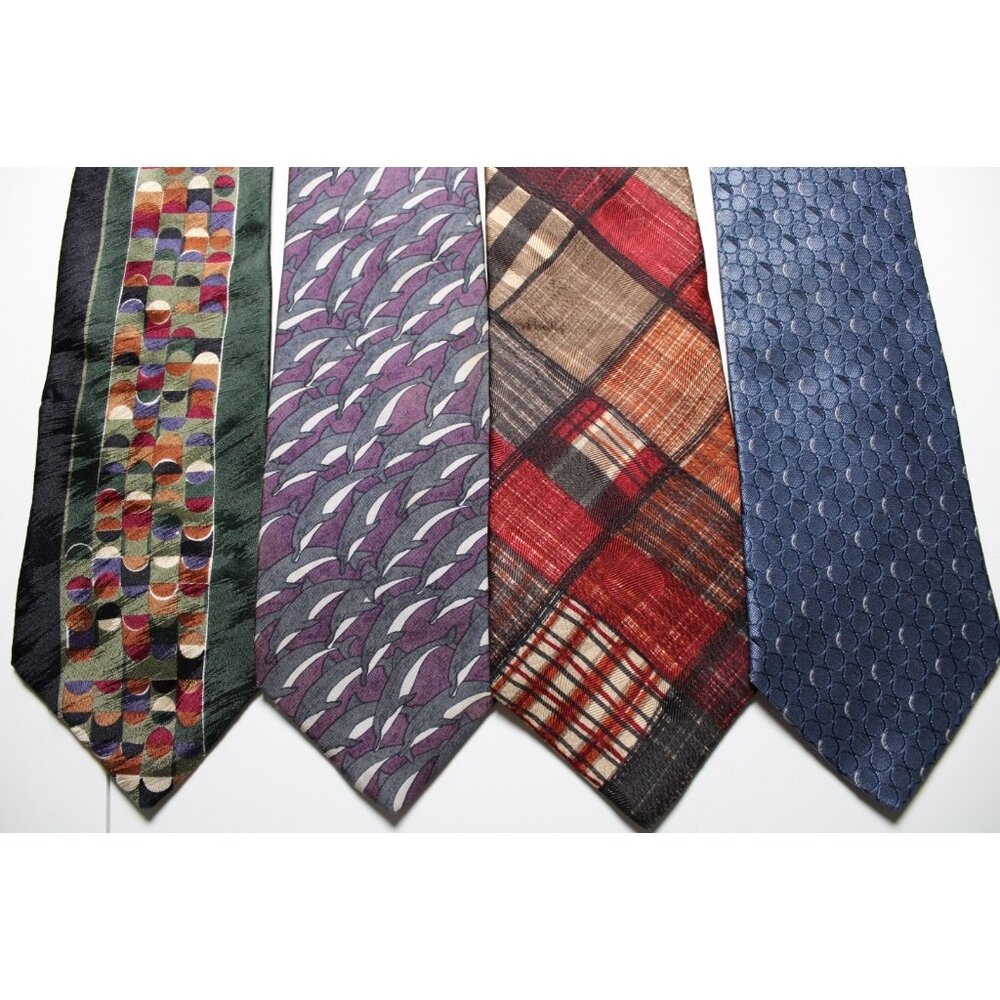 Lot of 4 Mens Neckties Bugatt WWF Tommy Hilfiger Foulard Dolphin Geometric
